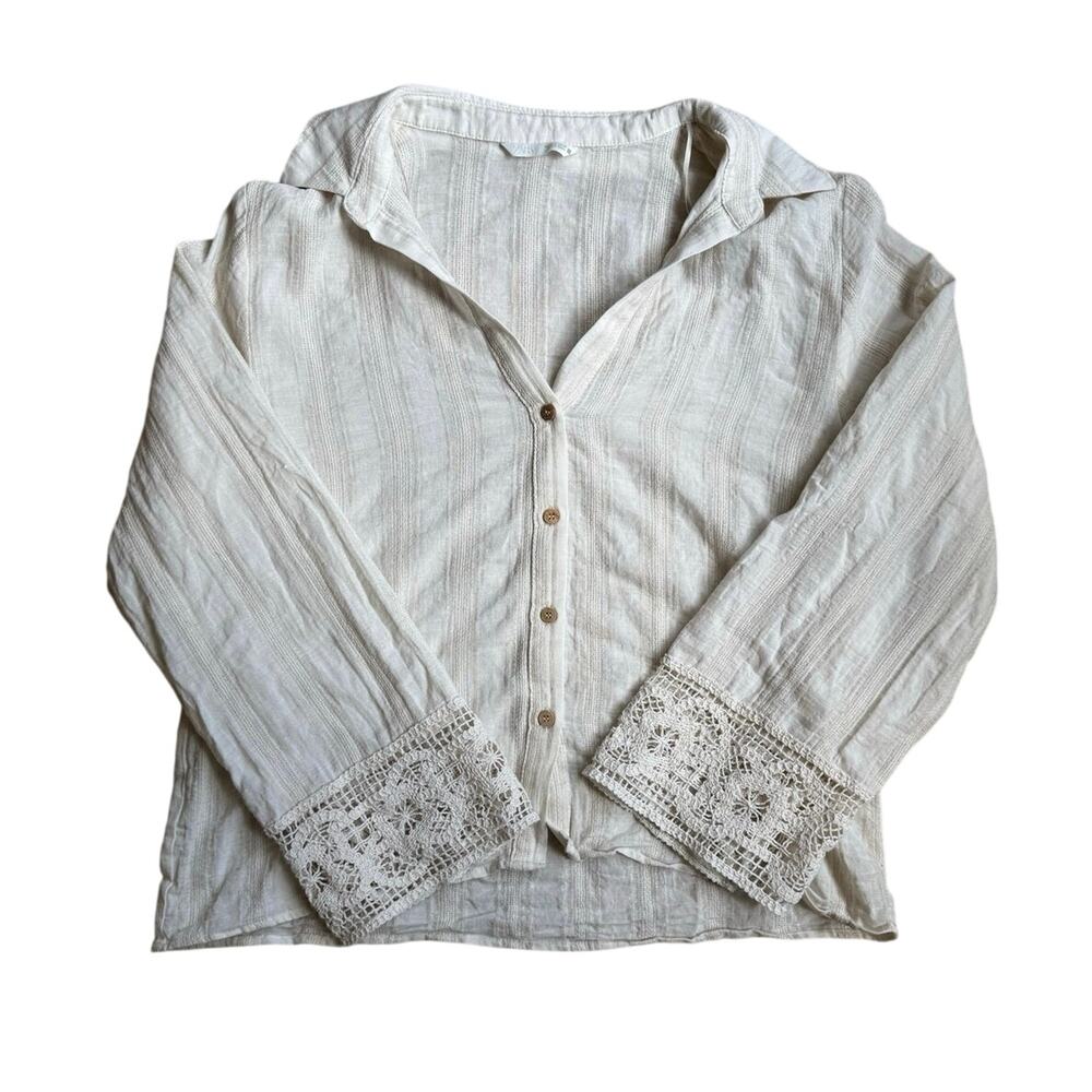 Zara Women's Long Sleeve Cream Button Down Cotton Linen Top Size S Lace Detail